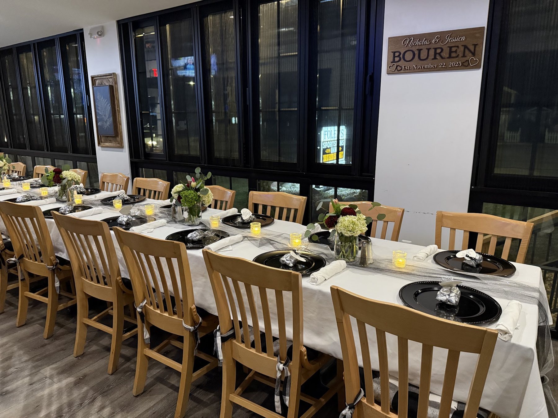 The bright dining room set for an event